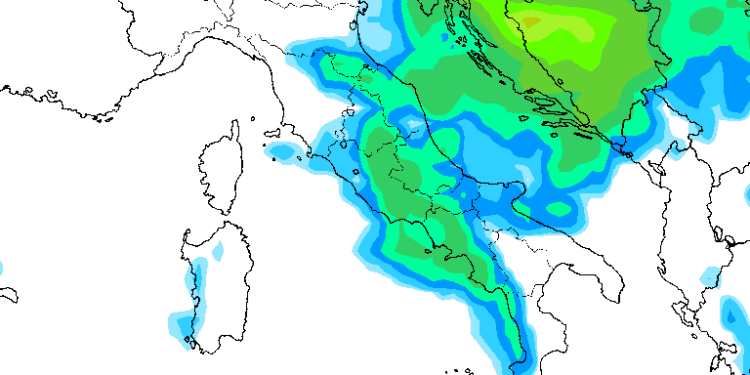 La possibile situazione nel pomeriggio di Mercoledì, in cui delle precipitazioni a carattere moderato potranno essere presenti sul territorio marsicano.