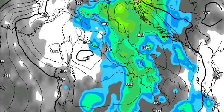 La situazione secondi il modello americano GFS per la serata di Lunedì. Possibilità di piogge moderate sul territorio marsicano.