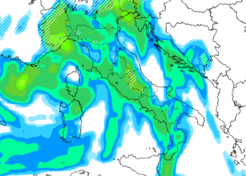 La situazione delle precipitazioni prevista da GFS per Martedì mattina secondo GFS. Piogge e nevicate possibilmente anche sul Fucino.