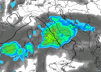 La possibile situazione per Lunedì 8, alle ore 13:00. Piogge e nevicate sui 1300/1400 m circa.