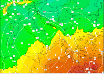 La situazione ad 850 hpa prevista per Domenica 21. Clima freddo sulla Marsica con valori sui -4°c. Cielo variabile e vento moderato con dei rinforzi da nord est.