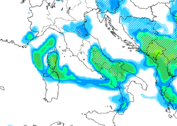 La situazione secondo GFS per le ore del primo pomeriggio di Mercoledì 7 Aprile. Possibilità di piogge e nevicate fino a quote basse.