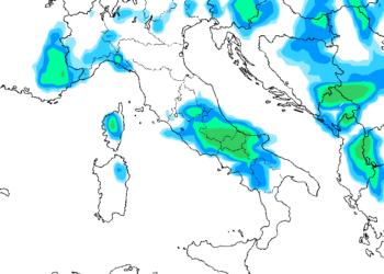 La situazione secondo GFS prevista per Domenica 30 alle 14:00. Possibilità di fenomeni a carattere moderato.