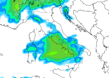 La possibile situazione dei fenomeni prevista da GFS per le ore del primo pomeriggio di Mercoledì 5 Maggio. Non sembrano escluse delle precipitazioni sulla Marsica.