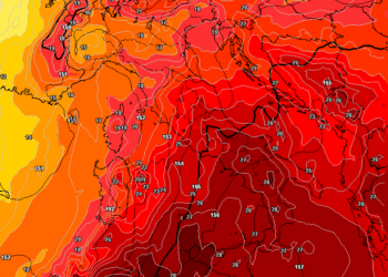 Secondo GFS ecco la situazione ad 850 hpa per le ore 14:00 di Mercoledì 23. Molto caldo anche nel territorio marsicano con temperature oltre i 35°c ad Avezzano