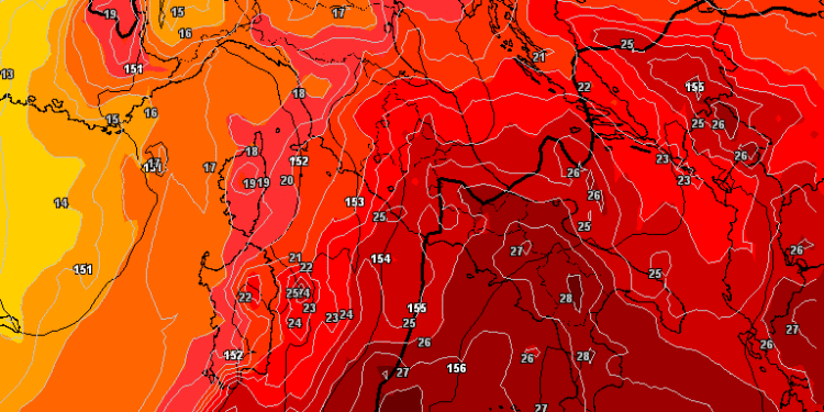 Secondo GFS ecco la situazione ad 850 hpa per le ore 14:00 di Mercoledì 23. Molto caldo anche nel territorio marsicano con temperature oltre i 35°c ad Avezzano