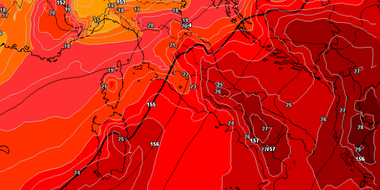 Ad 850 hpa, per le ore 14:00 di Mercoledì la situazione secondo GFS sarà questa, con dei valori intorno ai 25/26°c. Pertanto molto caldo sul territorio marsicano.