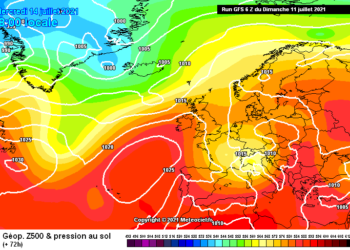 La possibile situazione a 500 hpa sull'Europa occidentale per le ore del mattino di Mercoledì 14. Si nota l'ampia goccia instabile fresca tra Austria, Germania , Francia ed Italia, la quale apporterà di seguito dell'instabilità ed un calo delle temperature.