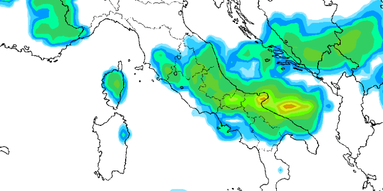La possibile evoluzione riguardo ai fenomeni previsti da gfs per Mercoledì sera alle 20:00. Rovesci di una certa intensità su tutta la Marsica ed Abruzzo se vogliamo.