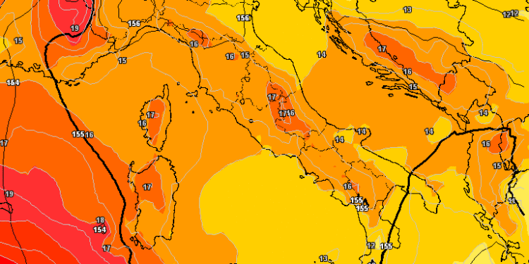 Situazione ore 14:00 di Mercoledì 8 Settembre ad 850 hpa. Sulla Marsica avremo valori sui +16/17°c e pertanto piuttosto caldo con cielo poco nuvoloso.