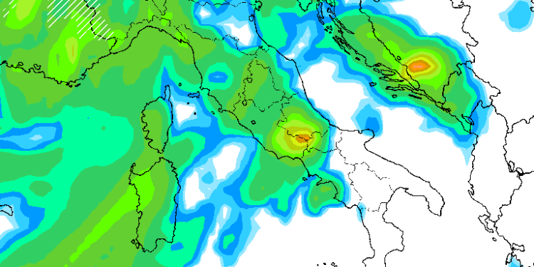 La possibile situazione al momento secondo il modello americano GFS che vede delle precipitazioni abbondanti sul territorio marsicano.