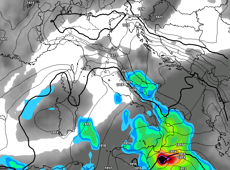 La situazione dei fenomeni, nuvolosità e correnti, per le ore 14:00 di Mercoledì secondo GFS. Saranno possibili dei rovesci specie sui settori orientali marsicani ed un lieve calo delle temperature.