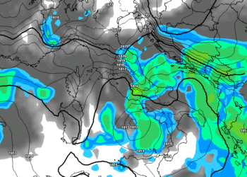 La situazione secondo GFS per il primo pomeriggio di Martedì 23. Cielo nuvoloso e piogge in qualche caso forti sull'area marsicana.