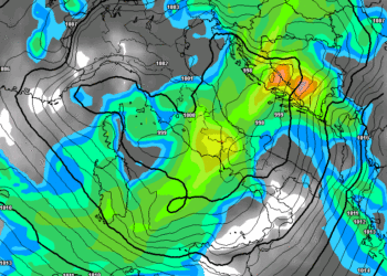 La possibile situazione delle precipitazioni per la mattina di Giovedì 9 Dicembre. Piogge anche forti su tutta la Marsica con quota neve fin sui 1000 m ed anche più in basso.