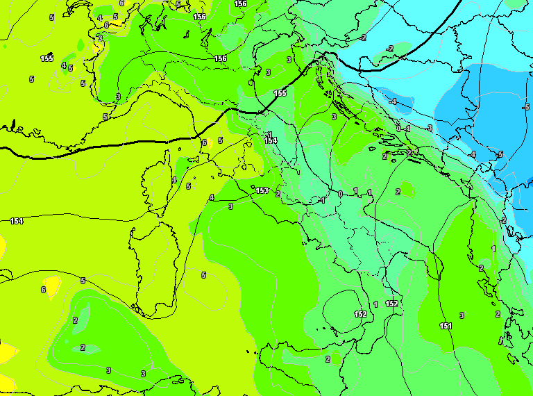 La possibile situazione secondo il modello americano GFS per Mercoledì alle ore 13:00. Tempo abbastanza buono, ma infiltrazioni di aria un pochino fredda da est