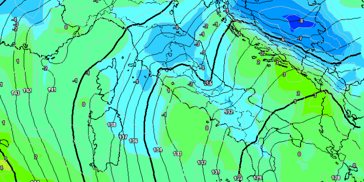 La situazione ad 850 hpa prevista per Lunedì 10 Gennaio ove sarà possibile qualche nevicata sparsa anche sul Fucino