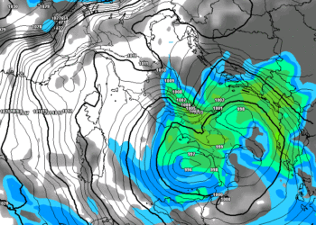 La situazione delle precipitazioni nella nottata, alle ore 04:00 di Martedì 1 Febbraio. Si nota la circolazione depressionaria sulle regioni meridionali e le precipitazioni annesse, anche sulla Marsica