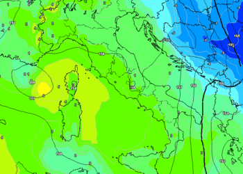 La situazione secondo GFS ad 850 hpa prevista nel primo pomeriggio di Martedì 18. Tempo bello, ma estese gelate notturne su tutta la Marsica.