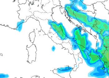 La situazione prevista dal modello americano GFS, che vede delle nevicate anche nel primo pomeriggio di Domenica, almeno sulla Marsica orientale.