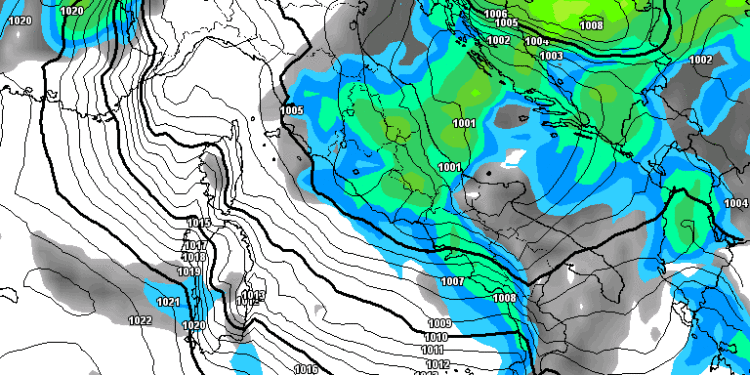 Le precipitazioni secondo il modello americano GFS per la sera di Lunedì 21. Al momento appaiono di moderata intensità, ma tuttavia si tratterà di un veloce passaggio.
