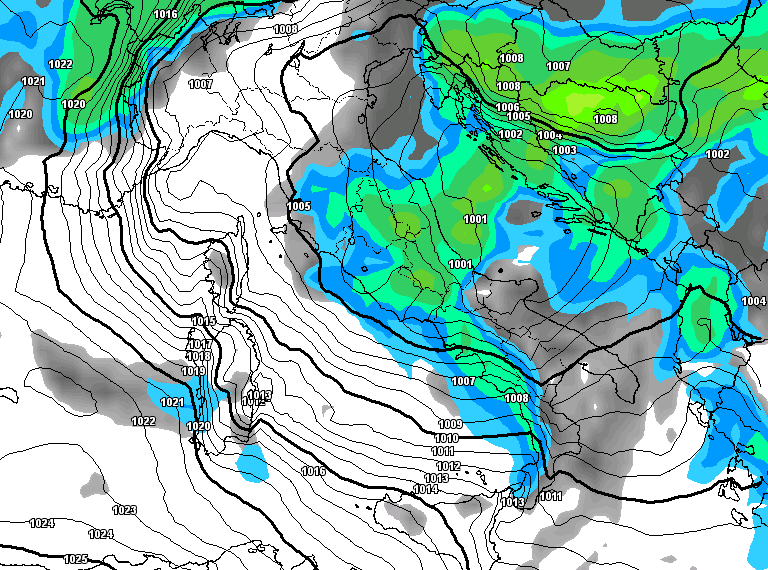 Le precipitazioni secondo il modello americano GFS per la sera di Lunedì 21. Al momento appaiono di moderata intensità, ma tuttavia si tratterà di un veloce passaggio.