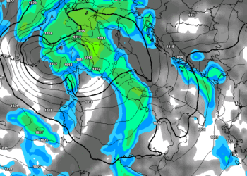 La possibile situazione secondo GFS per Lunedì mattina. Piogge su tutto il territorio marsicano, con delle nevicate fino a quote intorno ai 1000 m circa in qualche caso