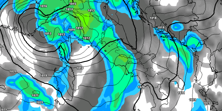 La possibile situazione secondo GFS per Lunedì mattina. Piogge su tutto il territorio marsicano, con delle nevicate fino a quote intorno ai 1000 m circa in qualche caso