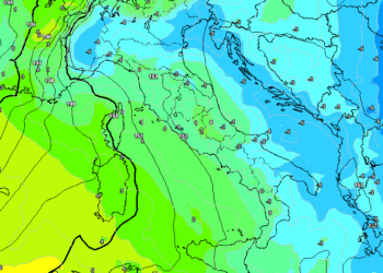 Le ore del primo pomeriggio di Domenica ad 850 hpa. Clima ancora piuttosto fresco sulla nostra regione, con valori tra gli 0°c ed i -1°c.