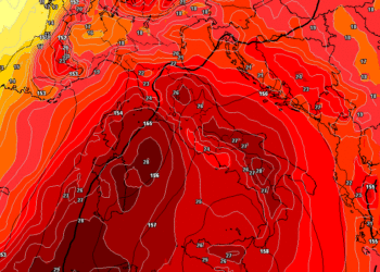 La situazione ad 850 hpa prevista per le ore 14:00 di Lunedì 27. Molto caldo anche sulla Marsica, con valori massimi possibilmente oltre i 35°c ad Avezzano