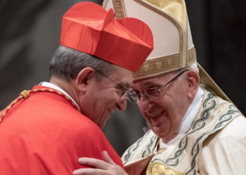 Newly appointed Cardinal, from Italy, Giuseppe Petrocchi of LAquila (L) and Pope Francis during the Ordinary Public Consistory to create 14 new cardinal from 11 countries in Saint Peters Basilica at the Vatican, 28 Jun 2018. The cardinals-designate are from Bolivia, Iraq, Italy, Japan, Pakistan, Poland, Portugal, Peru, Madagascar, Mexico and Spain. ANSA/CLAUDIO PERI