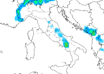 La situazione delle precipitazioni previste per Domenica 17 alle ore 20:00. Qualche fenomeno sarà possibile di debole entità anche nella Marsica