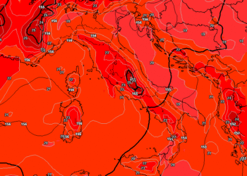 La possibile situazione prevista da GFS per Mercoledì 3 Agosto alle ore 14:00. Temperature in aumento, in un contesto stabile e soleggiato