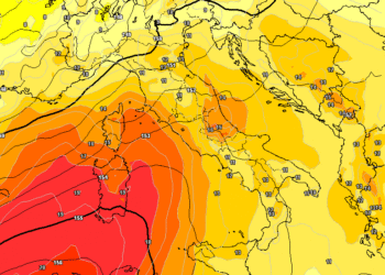 La possibile situazione ad 850 hpa prevista dal modello americano GFS per Giovedì 20 alle ore 14:00. Valori fino a +16°c e pertanto clima molto mite