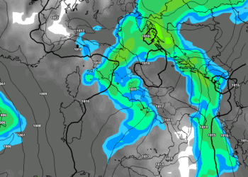 La probabile situazione della nuvolosità e dei fenomeni previsti al momento da GFS per il primo pomeriggio di Giovedì 8 Dicembre, festività dell' Immacolata Concezione