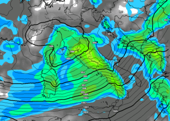 Ecco la situazione dei fenomeni previsti da GFS per le ore 13:00 di Martedì 17 Gennaio. Sulla Marsica fenomeni diffusi ed anche forti.