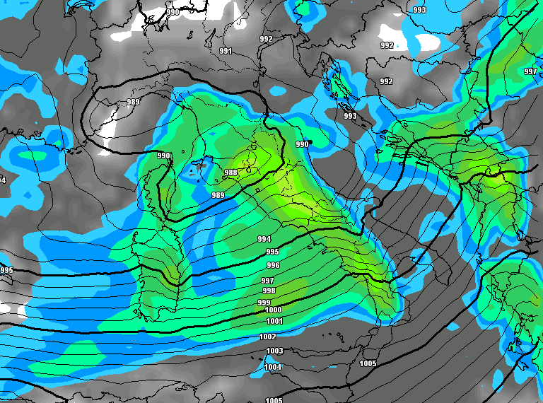 Ecco la situazione dei fenomeni previsti da GFS per le ore 13:00 di Martedì 17 Gennaio. Sulla Marsica fenomeni diffusi ed anche forti.