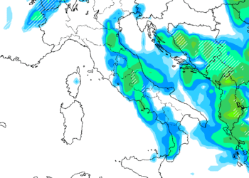 Le precipitazioni previste dal modello GFS per le ore 20:00 di Lunedì 27 Marzo. Anche la quota neve tenderà a scendere per l'ingresso di aria più fredda