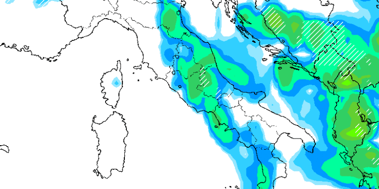 Le precipitazioni previste dal modello GFS per le ore 20:00 di Lunedì 27 Marzo. Anche la quota neve tenderà a scendere per l'ingresso di aria più fredda