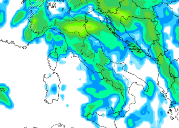 La situazione vista da GFS per Martedì sera, sotto l'aspetto precipitativo. Anche sulla Marsica piogge moderate.