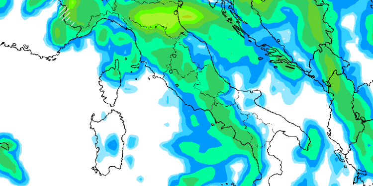 La situazione vista da GFS per Martedì sera, sotto l'aspetto precipitativo. Anche sulla Marsica piogge moderate.