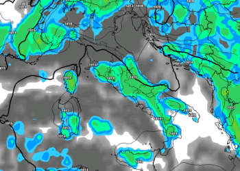 La possibile situazione prevista da GFS per il primo pomeriggio di Mercoledì 31 Maggio. Rovesci anche temporaleschi sull'Abruzzo.