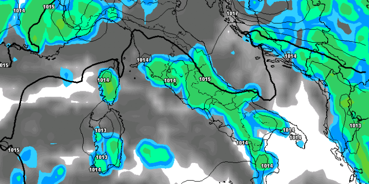 La possibile situazione prevista da GFS per il primo pomeriggio di Mercoledì 31 Maggio. Rovesci anche temporaleschi sull'Abruzzo.