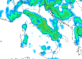 La situazione secondo il modello GFS per le ore del primo pomeriggio riguardante le precipitazioni. Possibilità di rovesci anche a carattere temporalesco.