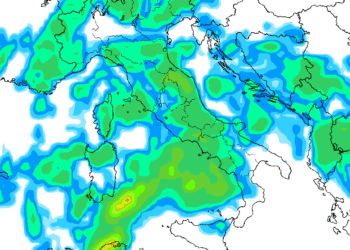 La possibile situazione per le ore 14:00 di Mercoledì 14 giugno secondo il modello GFS. Sulla Marsica tempo decisamente instabile con piogge e qualche temporale