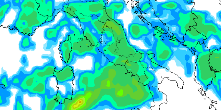 La possibile situazione per le ore 14:00 di Mercoledì 14 giugno secondo il modello GFS. Sulla Marsica tempo decisamente instabile con piogge e qualche temporale