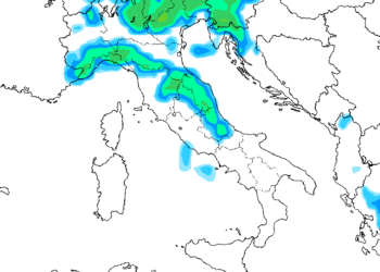 La possibile situazione delle precipitazioni previste per il primo pomeriggio di Lunedì. Sulla Marsica, non saranno da escludere dei rovesci sul versante orientale