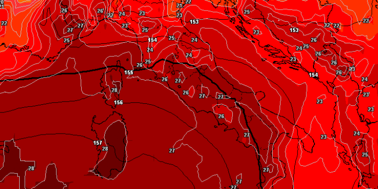 Ecco la possibile situazione ad 850 hpa prevista per Mercoledì 19 Luglio. Molto caldo su tutta la Marsica, anche in alta quota.