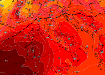 La situazione ad 850 hpa prevista da GFS per le ore 14:00 di Mercoledì12 Luglio. Caldo ovunque anche sul territorio marsicano