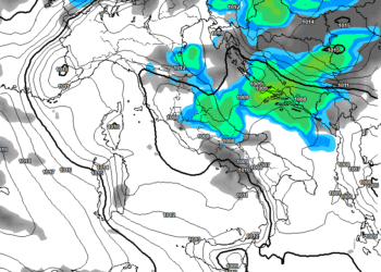 La possibile situazione delle precipitazioni previste da GFS per le ore 14:00 di Lunedì 7, giornata in cui si nota ancora dell'instabilità