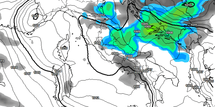 La possibile situazione delle precipitazioni previste da GFS per le ore 14:00 di Lunedì 7, giornata in cui si nota ancora dell'instabilità